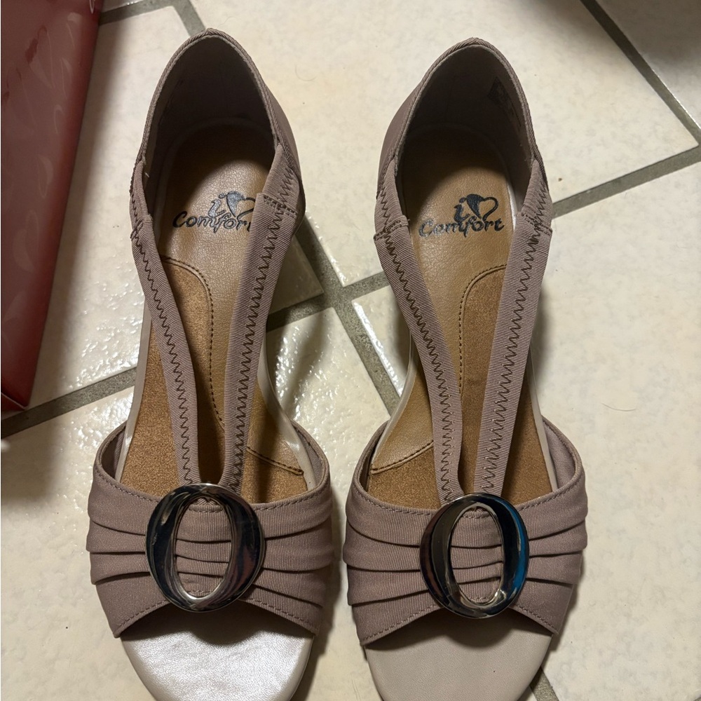 Comfort Brand Taupe Open-Toe T-Strap Heels with Decorative Buckle